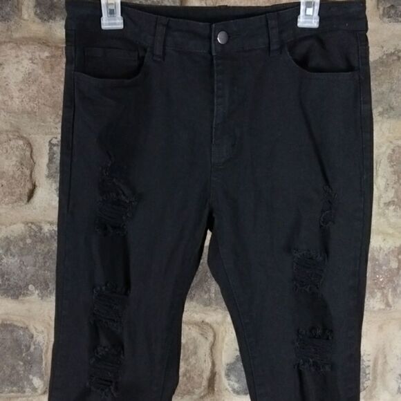 Shein black distressed front raw hem jeans stretchy sz Large EUC cotton‎ blend - Picture 4 of 12